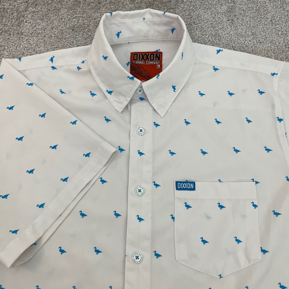 Dixxon Shirt Mens Large The ODoyle Duckling Short Sleeve Button Up White Blue